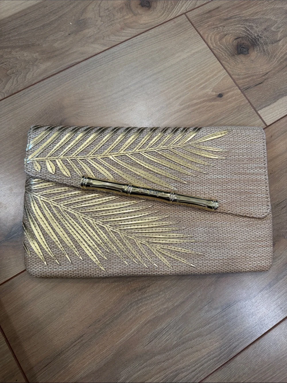 Lilly Pulitzer Beige Clutch with Gold Leaf Embroidery and Bar Accent